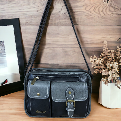 Cotton Road Sling Bag: BLACK PU Leather Bag with GREY Trim and Buckle detailing