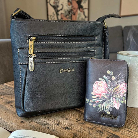 Cotton Road Sling Bag: BLACK PU Leather Bag with Matching PROTEA Design Wallet