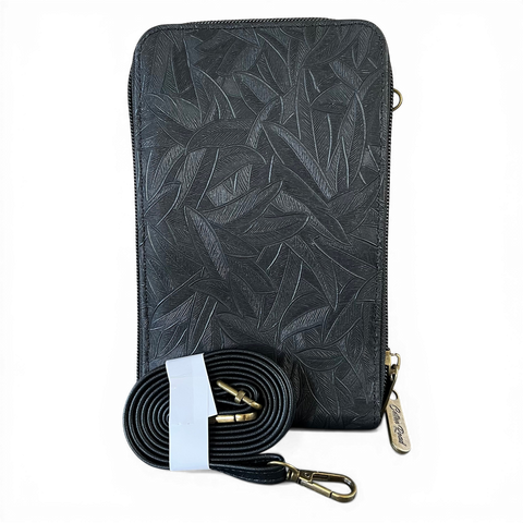 Cotton Road Sling Bag: BLACK PU Leather Cellphone Mini Sling with LEAF Design