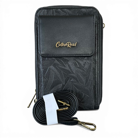Cotton Road Sling Bag: BLACK PU Leather Cellphone Mini Sling with LEAF Design