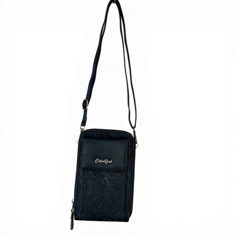 Cotton Road Sling Bag: BLACK PU Leather Cellphone Mini Sling with LEAF Design