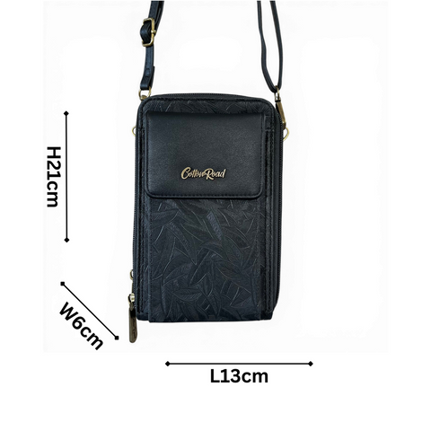 Cotton Road Sling Bag: BLACK PU Leather Cellphone Mini Sling with LEAF Design