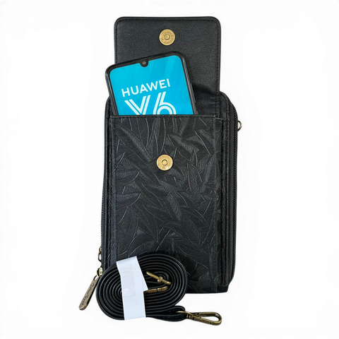 Cotton Road Sling Bag: BLACK PU Leather Cellphone Mini Sling with LEAF Design