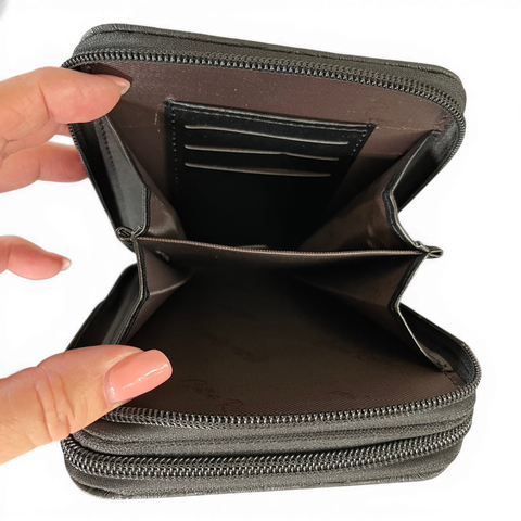 Cotton Road Sling Bag: BLACK PU Leather Cellphone Mini Sling with LEAF Design