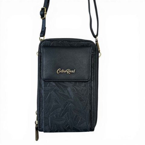 Cotton Road Sling Bag: BLACK PU Leather Cellphone Mini Sling with LEAF Design