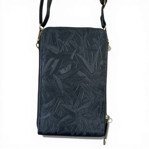 Cotton Road Sling Bag: BLACK PU Leather Cellphone Mini Sling with LEAF Design