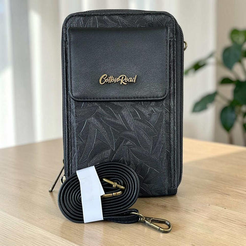 Cotton Road Sling Bag: BLACK PU Leather Cellphone Mini Sling with LEAF Design
