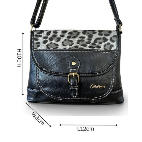 Cotton Road Sling Bag: BLACK PU Leather Crossbody Bag with Leopard Design