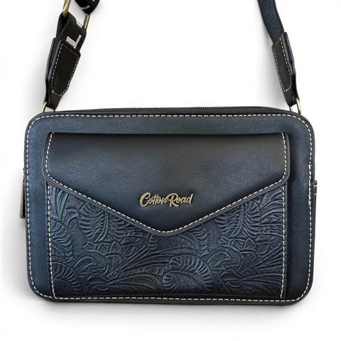 Cotton Road Sling Bag: BLACK PU Leather Crossbody with EMBOSSED Design
