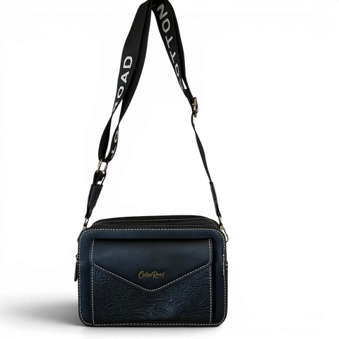 Cotton Road Sling Bag: BLACK PU Leather Crossbody with EMBOSSED Design
