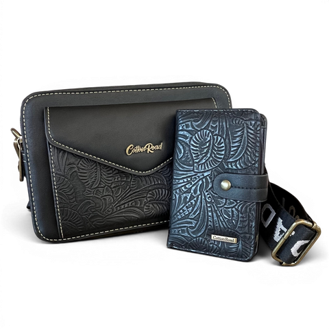 Cotton Road Sling Bag: BLACK PU Leather Crossbody with Matching Wallet