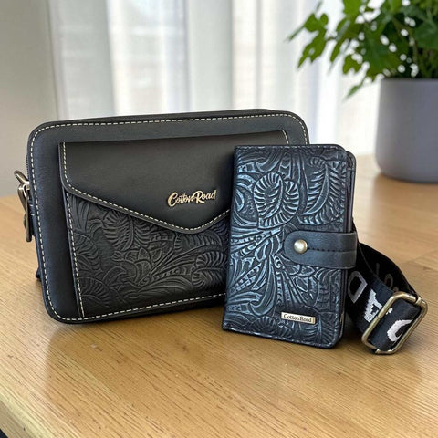 Cotton Road Sling Bag: BLACK PU Leather Crossbody with Matching Wallet