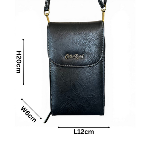 Cotton Road Sling Bag: BLACK PU Leather Mini Cellphone Sling
