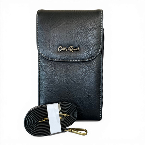 Cotton Road Sling Bag: BLACK PU Leather Mini Cellphone Sling