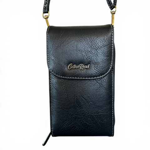 Cotton Road Sling Bag: BLACK PU Leather Mini Cellphone Sling