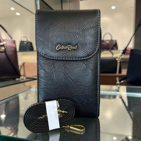 Cotton Road Sling Bag: BLACK PU Leather Mini Cellphone Sling