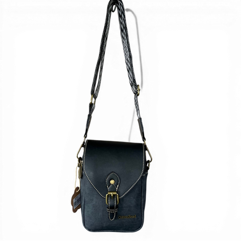 Cotton Road Sling Bag: BLACK PU Leather Mini Sling with Flap