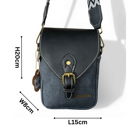 Cotton Road Sling Bag: BLACK PU Leather Mini Sling with Flap