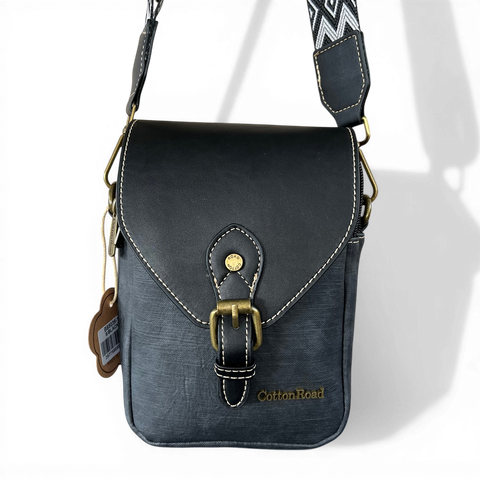 Cotton Road Sling Bag: BLACK PU Leather Mini Sling with Flap