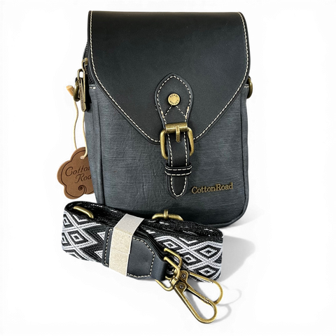Cotton Road Sling Bag: BLACK PU Leather Mini Sling with Flap