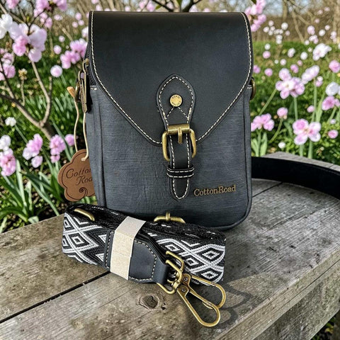 Cotton Road Sling Bag: BLACK PU Leather Mini Sling with Flap