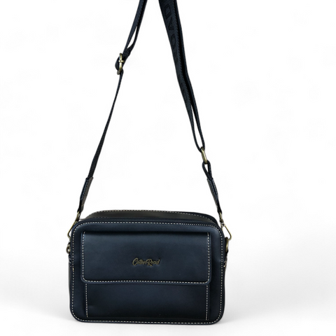 Cotton Road Sling Bag: BLACK PU Leather Sling Bag with BRANDED STRAP