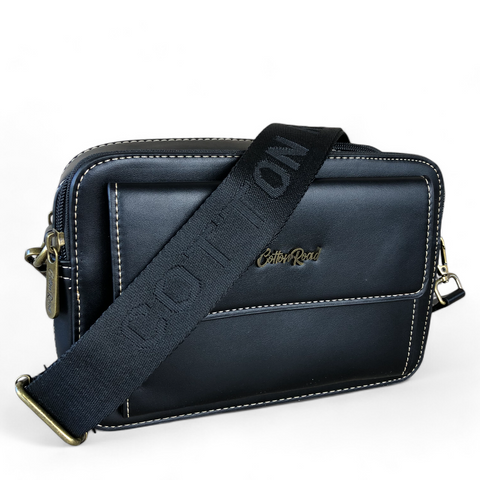 Cotton Road Sling Bag: BLACK PU Leather Sling Bag with BRANDED STRAP