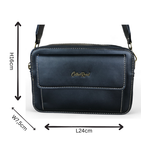 Cotton Road Sling Bag: BLACK PU Leather Sling Bag with BRANDED STRAP