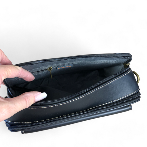 Cotton Road Sling Bag: BLACK PU Leather Sling Bag with BRANDED STRAP