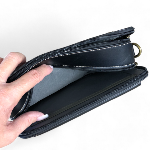 Cotton Road Sling Bag: BLACK PU Leather Sling Bag with BRANDED STRAP