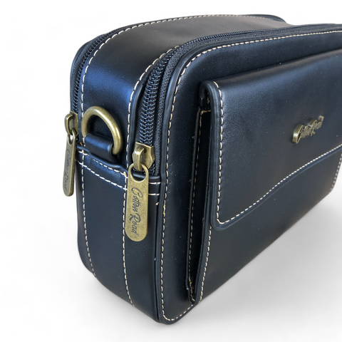 Cotton Road Sling Bag: BLACK PU Leather Sling Bag with BRANDED STRAP