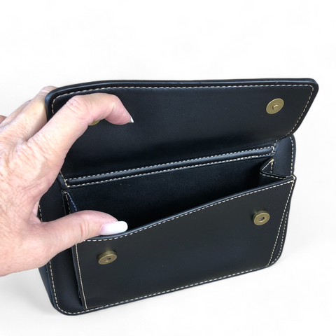 Cotton Road Sling Bag: BLACK PU Leather Sling Bag with BRANDED STRAP