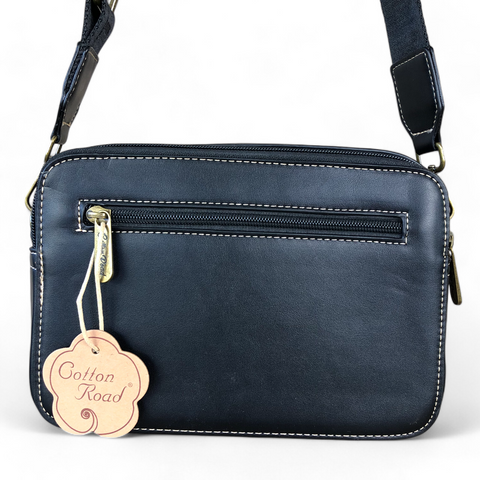 Cotton Road Sling Bag: BLACK PU Leather Sling Bag with BRANDED STRAP