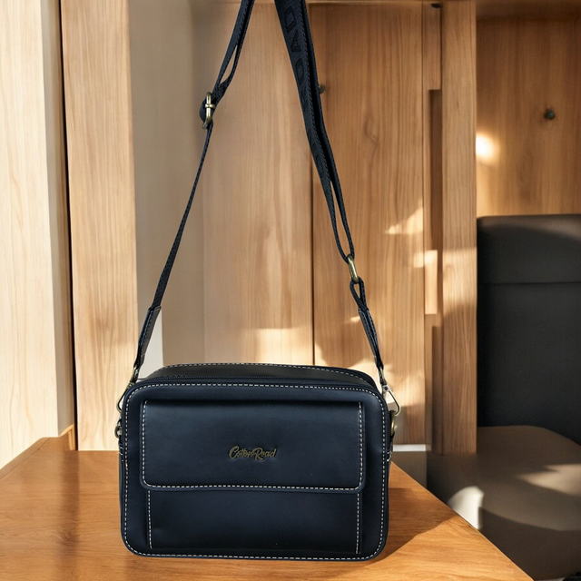Cotton Road Sling Bag: BLACK PU Leather Sling Bag with BRANDED STRAP