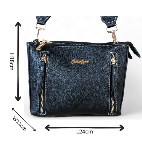 Cotton Road Sling Bag: BLACK PU Leather Sling Bag with BRANDED Strap