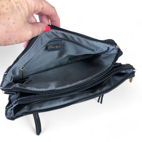 Cotton Road Sling Bag: BLACK PU Leather Sling Bag with BRANDED Strap