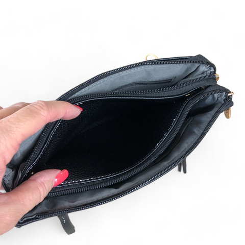 Cotton Road Sling Bag: BLACK PU Leather Sling Bag with BRANDED Strap