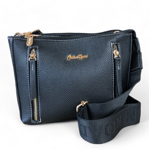 Cotton Road Sling Bag: BLACK PU Leather Sling Bag with BRANDED Strap