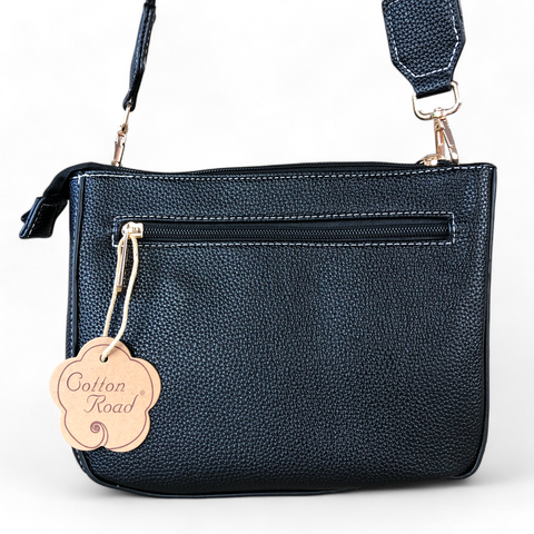 Cotton Road Sling Bag: BLACK PU Leather Sling Bag with BRANDED Strap