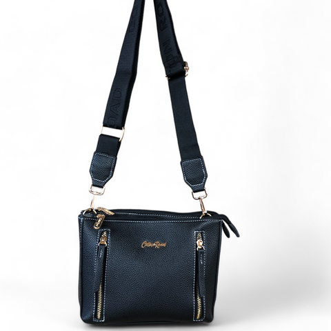 Cotton Road Sling Bag: BLACK PU Leather Sling Bag with BRANDED Strap