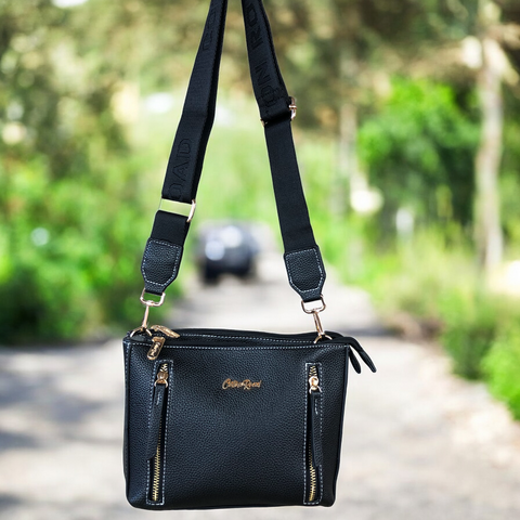 Cotton Road Sling Bag: BLACK PU Leather Sling Bag with BRANDED Strap
