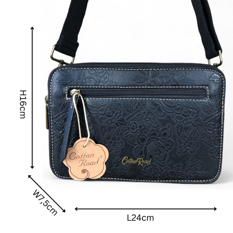 Cotton Road Sling Bag: BLACK PU Leather Sling Bag with EMBOSSED FLOWERS