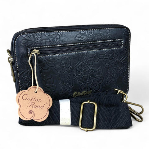 Cotton Road Sling Bag: BLACK PU Leather Sling Bag with EMBOSSED FLOWERS