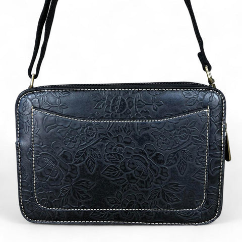 Cotton Road Sling Bag: BLACK PU Leather Sling Bag with EMBOSSED FLOWERS