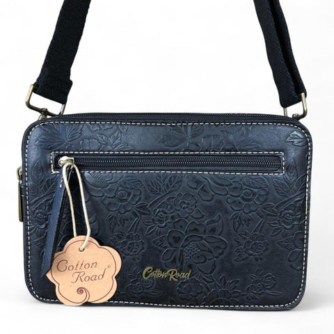 Cotton Road Sling Bag: BLACK PU Leather Sling Bag with EMBOSSED FLOWERS