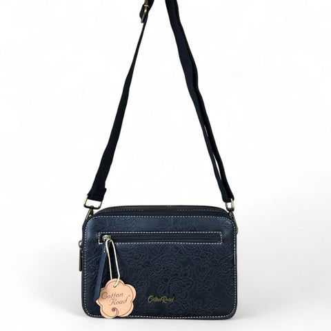 Cotton Road Sling Bag: BLACK PU Leather Sling Bag with EMBOSSED FLOWERS