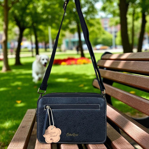 Cotton Road Sling Bag: BLACK PU Leather Sling Bag with EMBOSSED FLOWERS