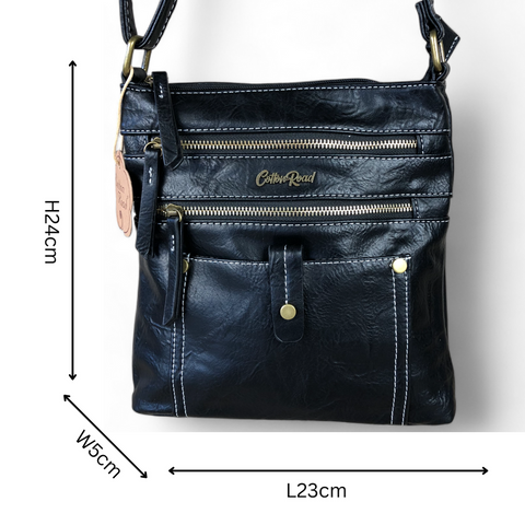 Cotton Road Sling Bag: BLACK PU Leather Sling Bag with Metal Zips