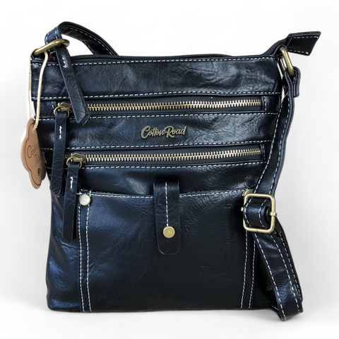 Cotton Road Sling Bag: BLACK PU Leather Sling Bag with Metal Zips