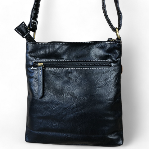 Cotton Road Sling Bag: BLACK PU Leather Sling Bag with Metal Zips